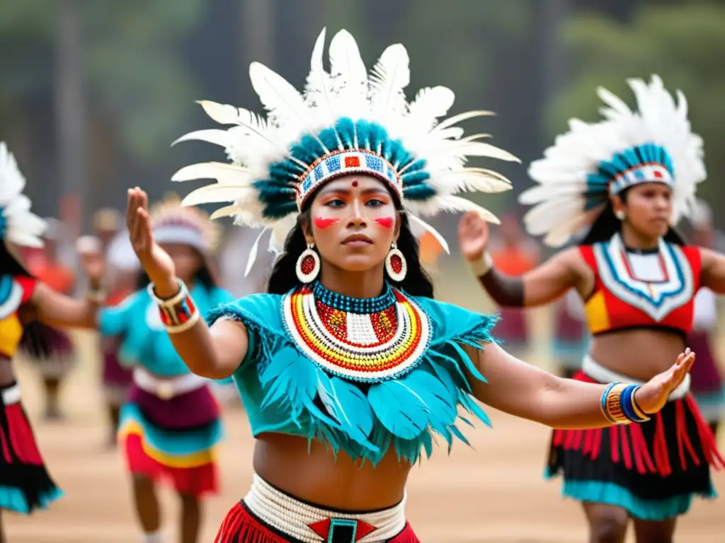 Grupo de bailarines indígenas en trajes tradicionales realizando danza ceremonial al ritmo de tambores y música tradicional