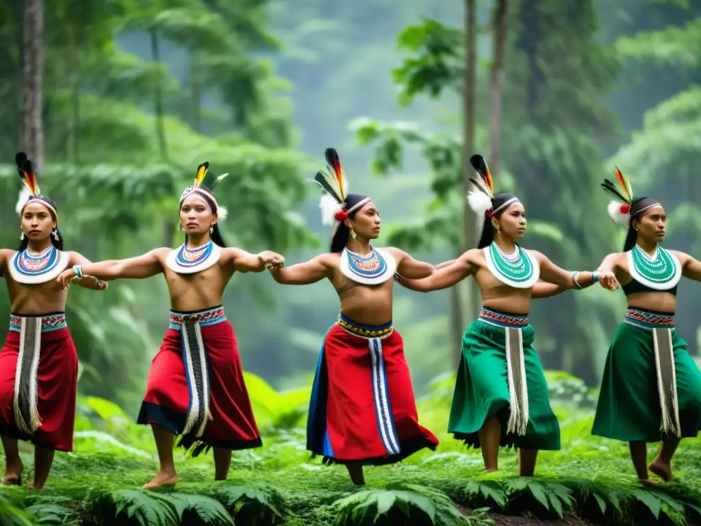 Grupo de bailarines indígenas en trajes tradicionales realizando una danza ceremonial en el bosque