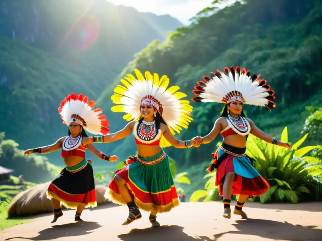 Grupo de bailarines indígenas en trajes tradicionales realizando danza ceremonial en aldea remota, entre exuberante vegetación y decoraciones florales