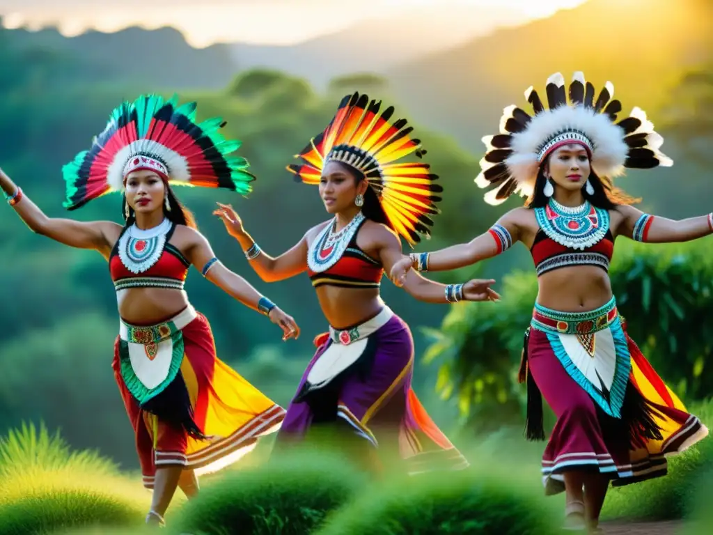 Grupo de bailarines indígenas con trajes tradicionales llevan a cabo una danza hipnotizante en un entorno natural exuberante, promoviendo paz a través de danzas tradicionales