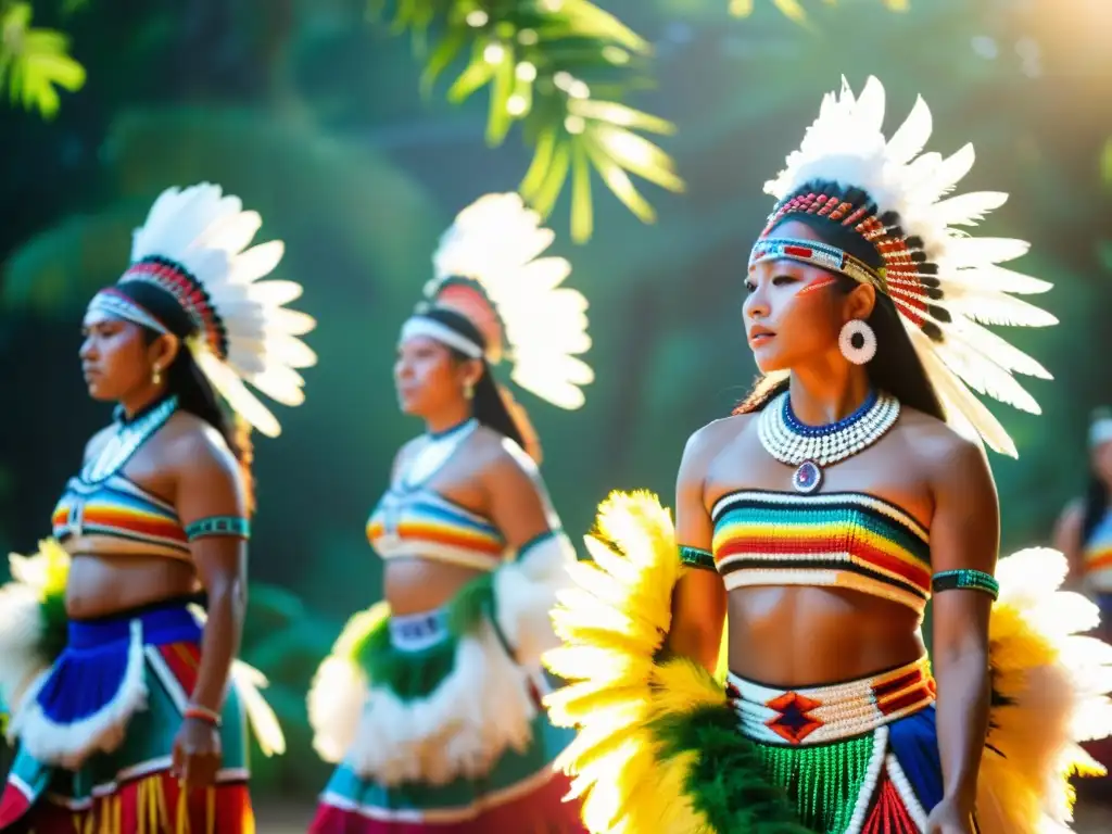 Grupo de bailarines indígenas en trajes tradicionales, revitalizando danzas patrimoniales con gracia y orgullo en medio de exuberante vegetación