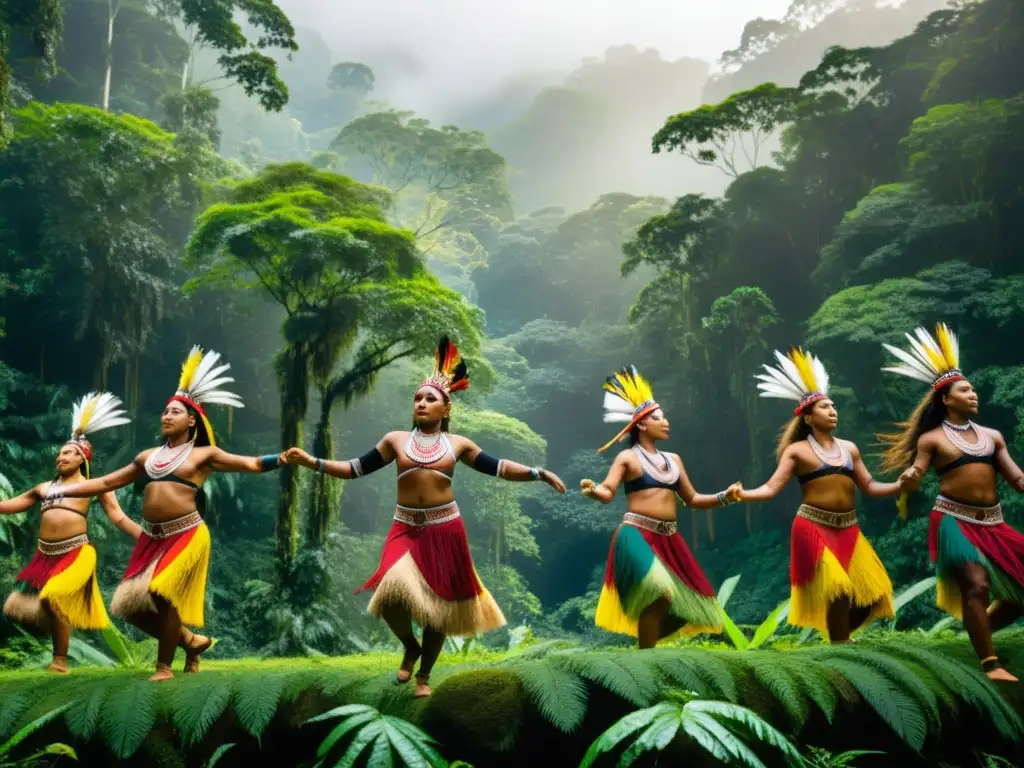 Grupo de bailarines indígenas en trajes tradicionales danzando en la selva, preservación de movimientos ancestrales en danzas