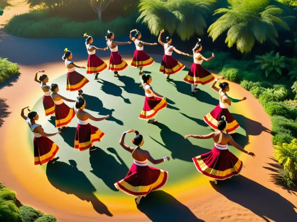 Un grupo de bailarines indígenas con trajes tradicionales vibrantes bailando con gracia y orgullo, rodeados de exuberante vegetación al atardecer