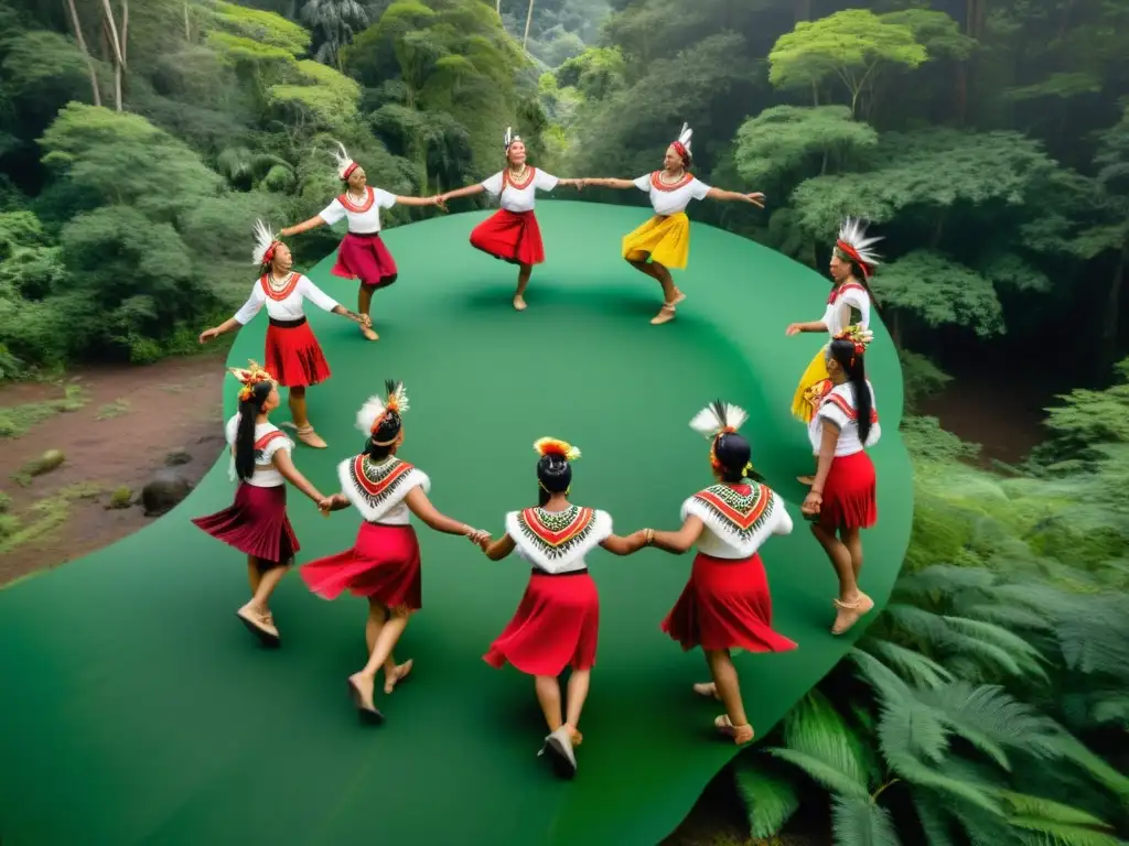 Grupo de bailarines indígenas en trajes tradicionales danzando en el bosque, preservación de danzas tradicionales indígenas