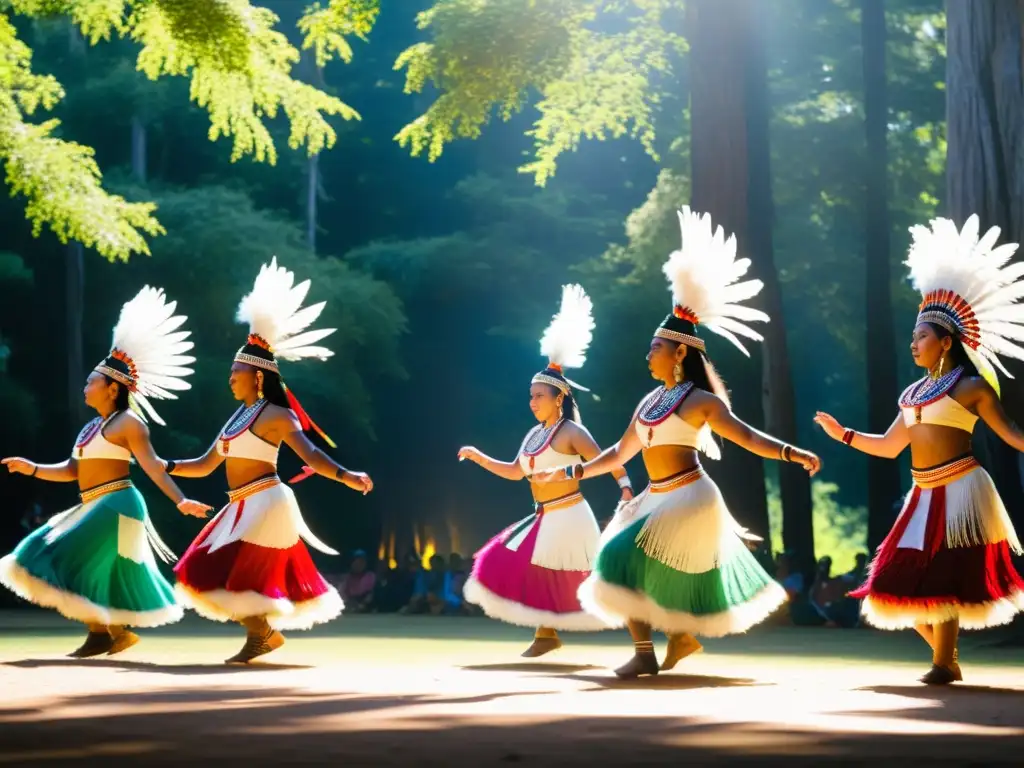 Un grupo de bailarines indígenas vistiendo trajes tradicionales realizando una danza ceremonial en un claro soleado rodeado de árboles