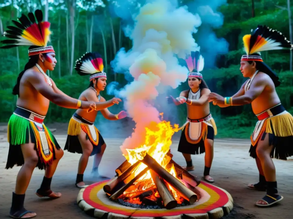 Grupo de bailarines indígenas en trajes tradicionales danzando alrededor de una fogata, transmitiendo el significado cultural de danzas tradicionales con intensidad y armonía en la selva iluminada