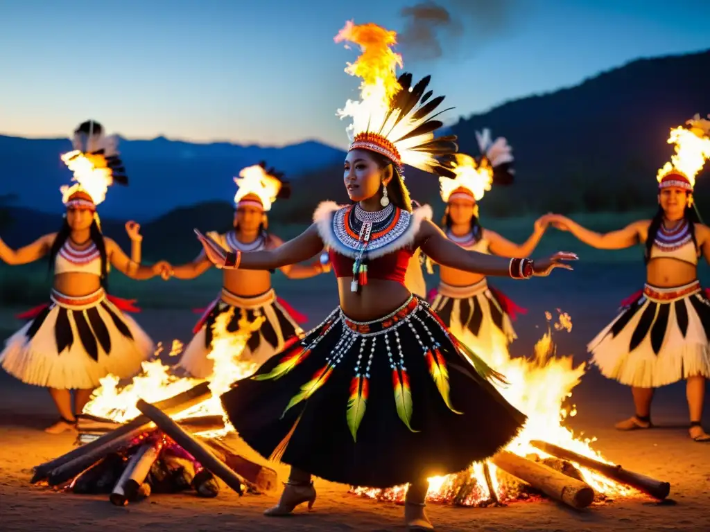 Grupo de bailarines indígenas en trajes tradicionales vibrantes danzan alrededor de una fogata en honor a antiguos rituales