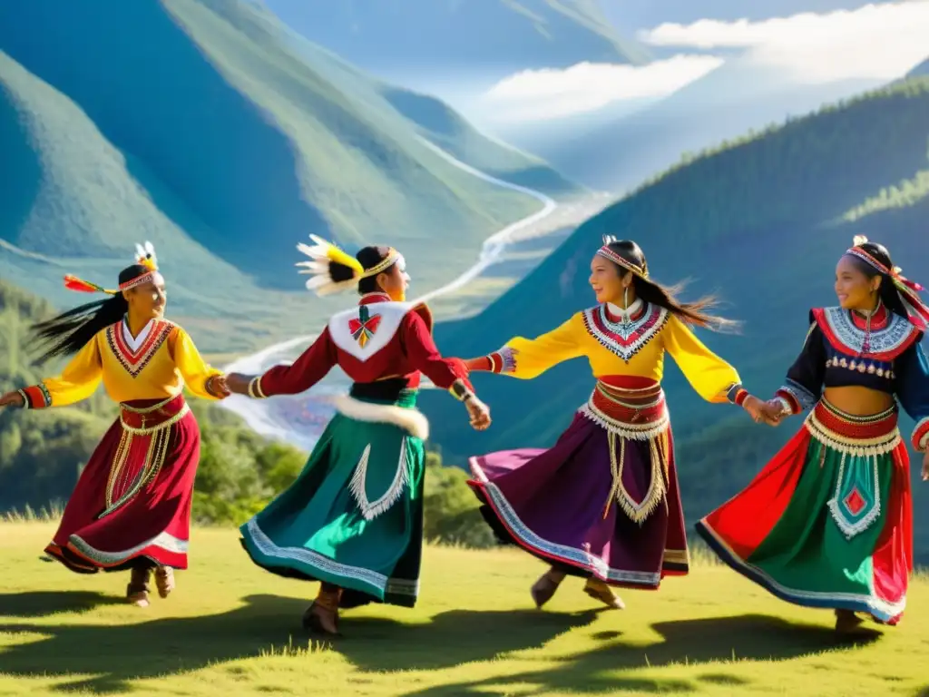 Grupo de bailarines indígenas con trajes tradicionales vibrantes danzan en la montaña, mostrando la influencia de danzas folclóricas en moda