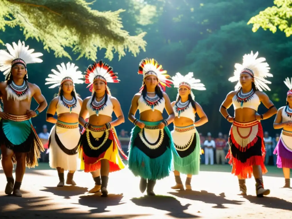 Grupo de bailarines indígenas de tribus norteamericanas realizan rutinas de entrenamiento para danzas tradicionales, con trajes coloridos y plumas vibrantes en un entorno natural