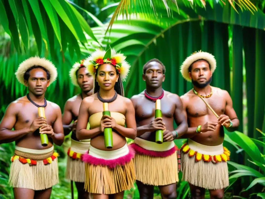 Grupo de bailarines indígenas de Vanuatu con instrumentos ecológicos en la exuberante vegetación tropical