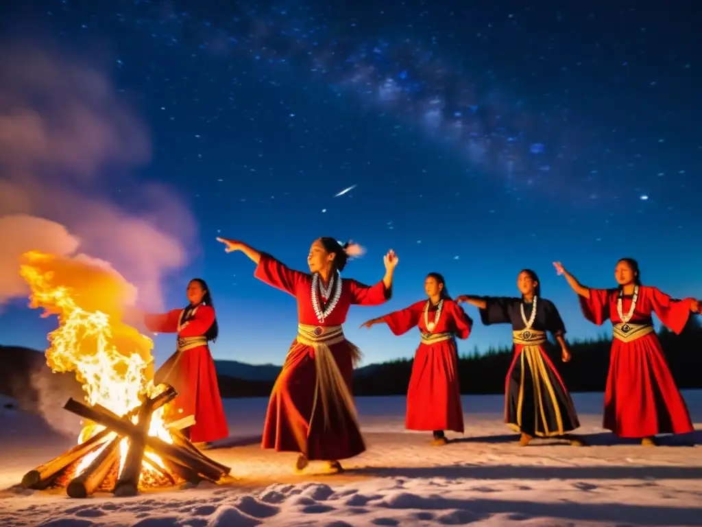 Un grupo de bailarines indígenas, vestidos con trajes tradicionales, realiza una danza ceremonial alrededor de una fogata bajo un cielo estrellado