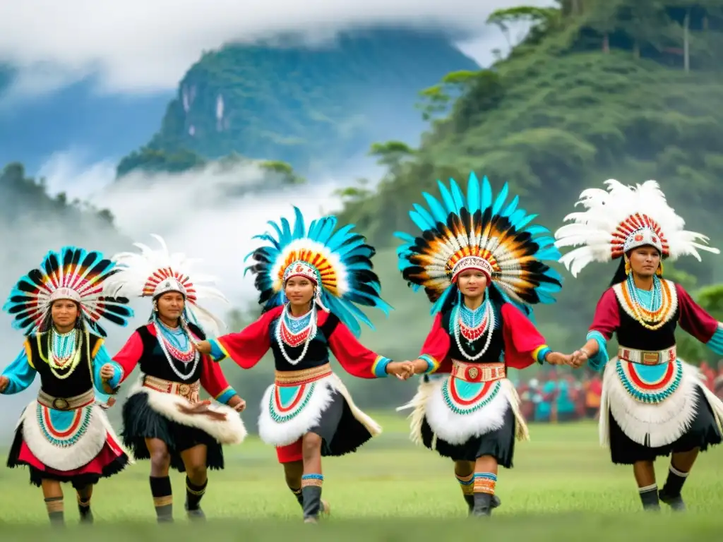 Grupo de bailarines indígenas en vestimenta tradicional danzando en un pueblo remoto