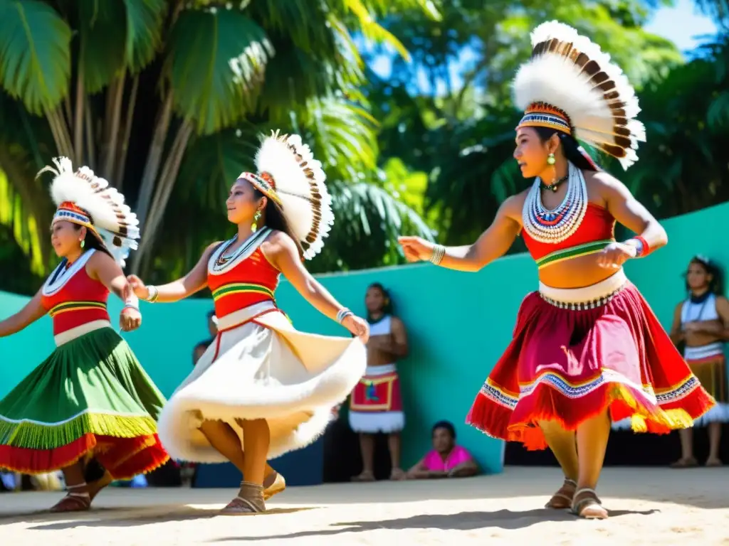 Un grupo de bailarines indígenas en vibrantes trajes tradicionales danzan en el Festival Nacional de las Islas Torres, celebrando el yam