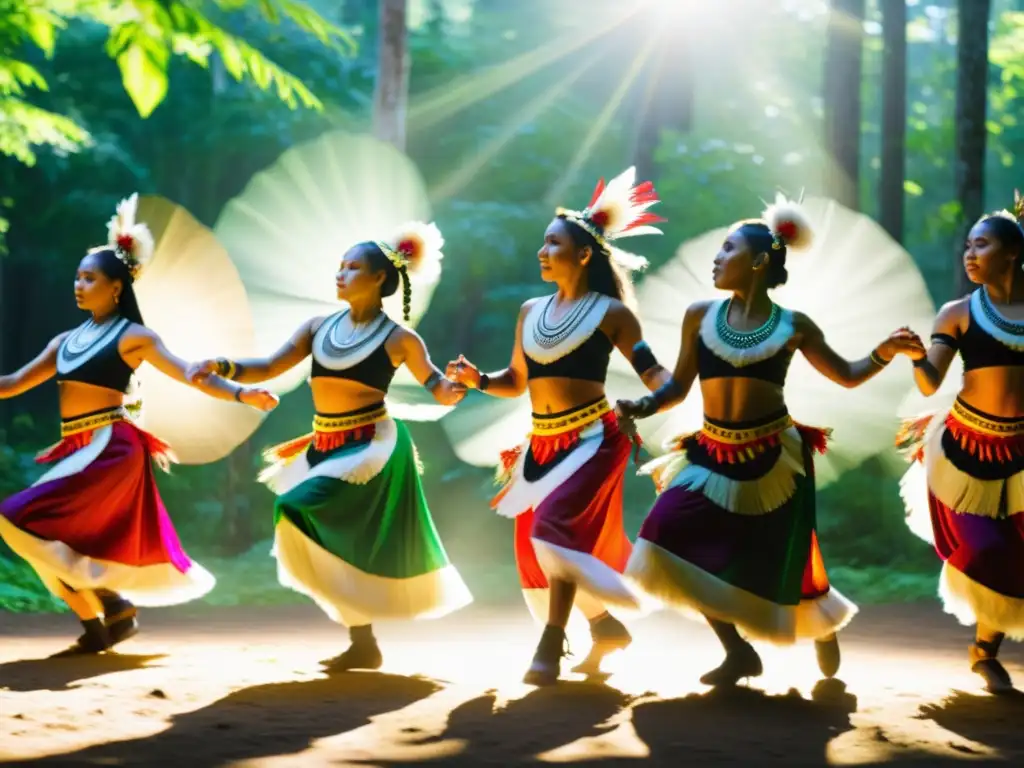 Grupo de bailarines indígenas en vibrantes trajes tradicionales, danzando en un claro soleado rodeado de exuberante vegetación