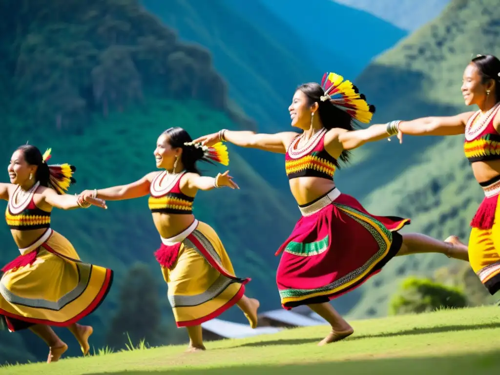 Grupo de bailarines indígenas en vibrantes atuendos tradicionales, danzando con gracia y alegría ante montañas verdes