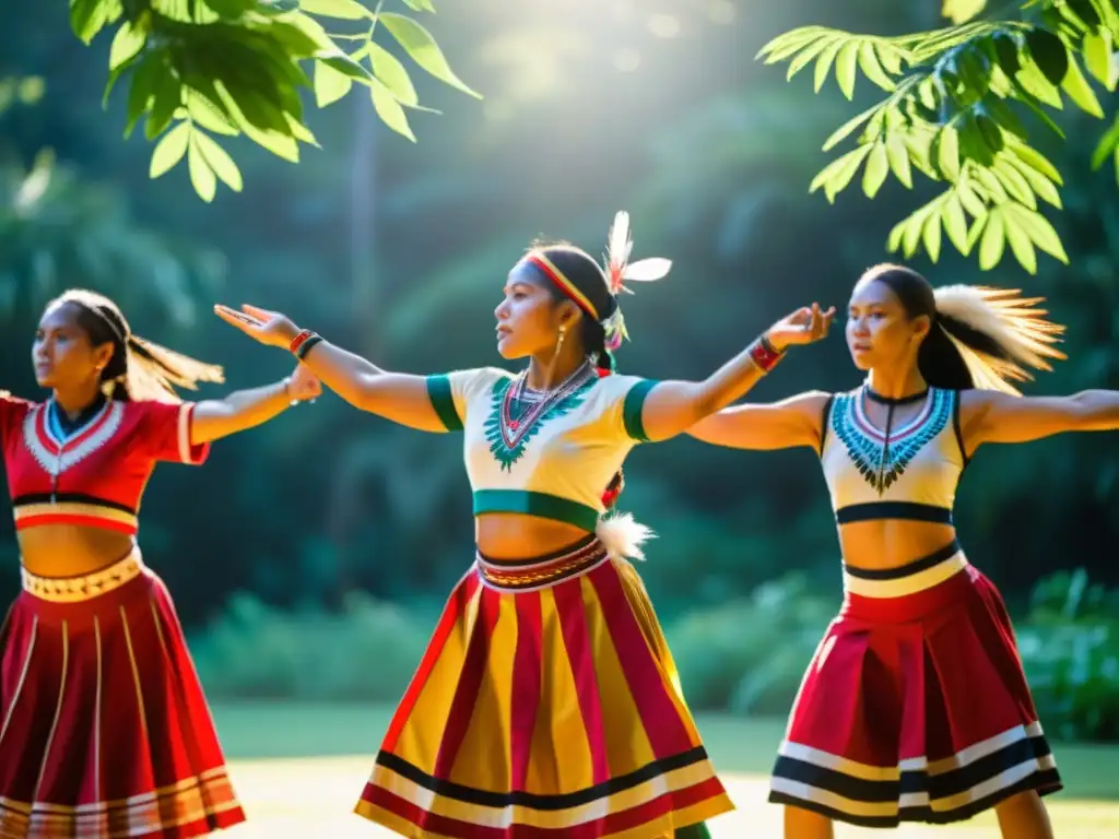 Grupo de bailarines indígenas en vibrantes trajes tradicionales, realizando danza en un claro soleado, rodeados de exuberante vegetación