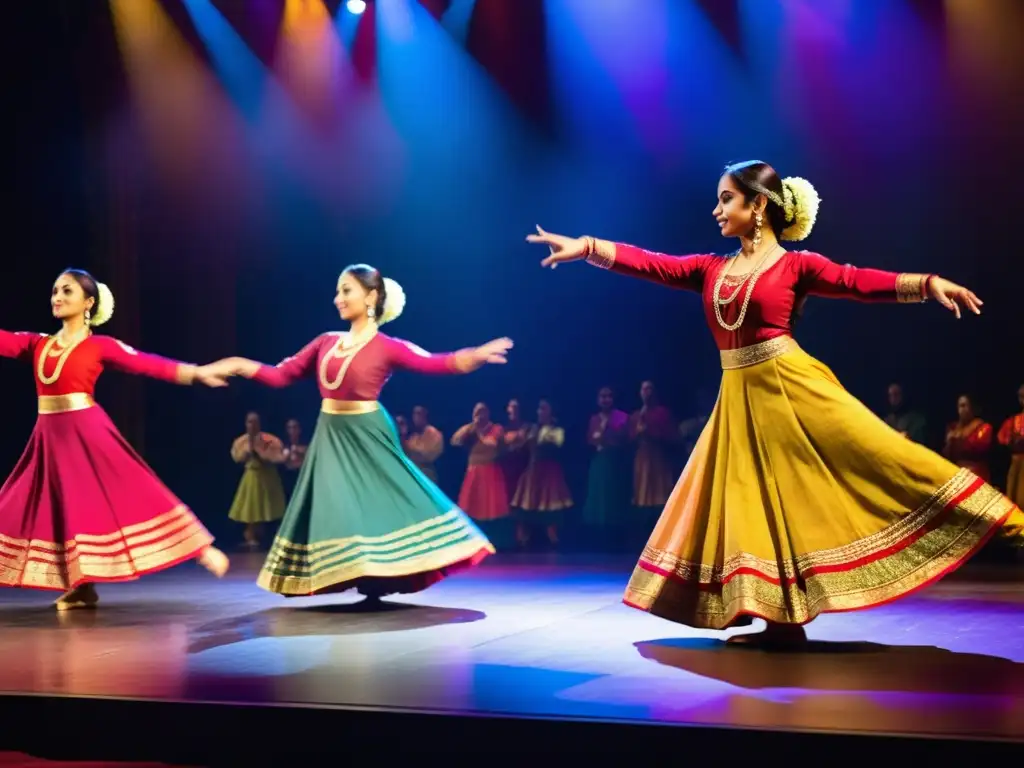 Grupo de bailarines de Kathak Indio en vibrantes trajes tradicionales, expresando rituales y emociones a través de la danza