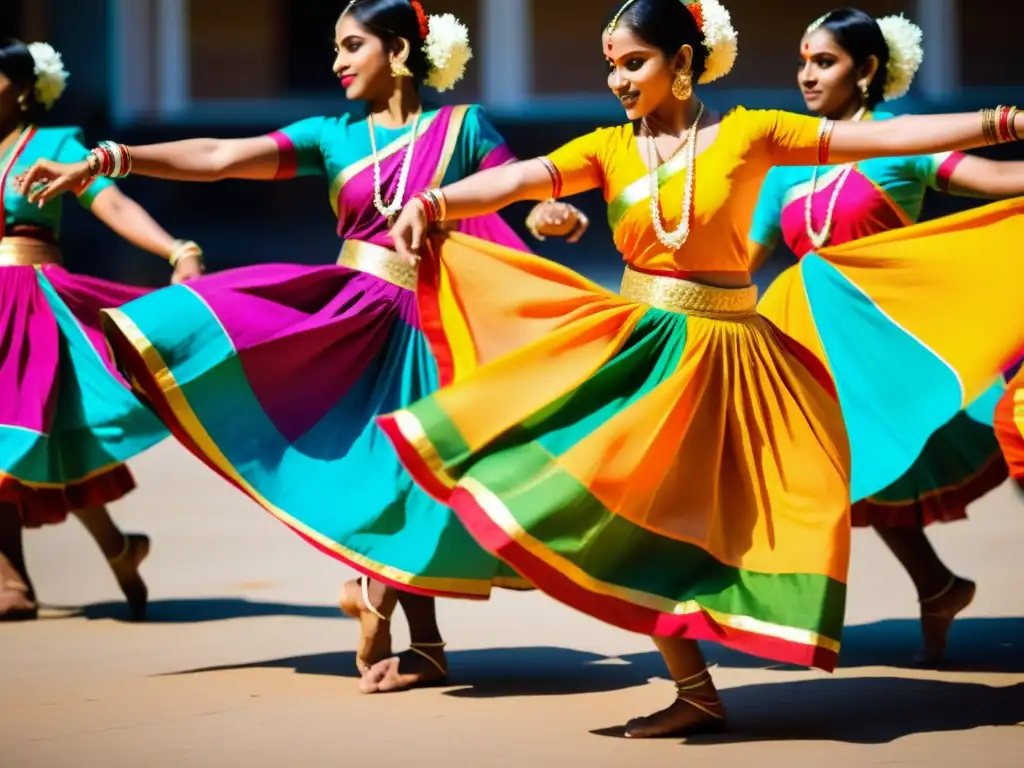 Grupo de bailarines indios ejecutando la tradicional danza Kolattam en India, con atuendos coloridos y movimientos sincronizados