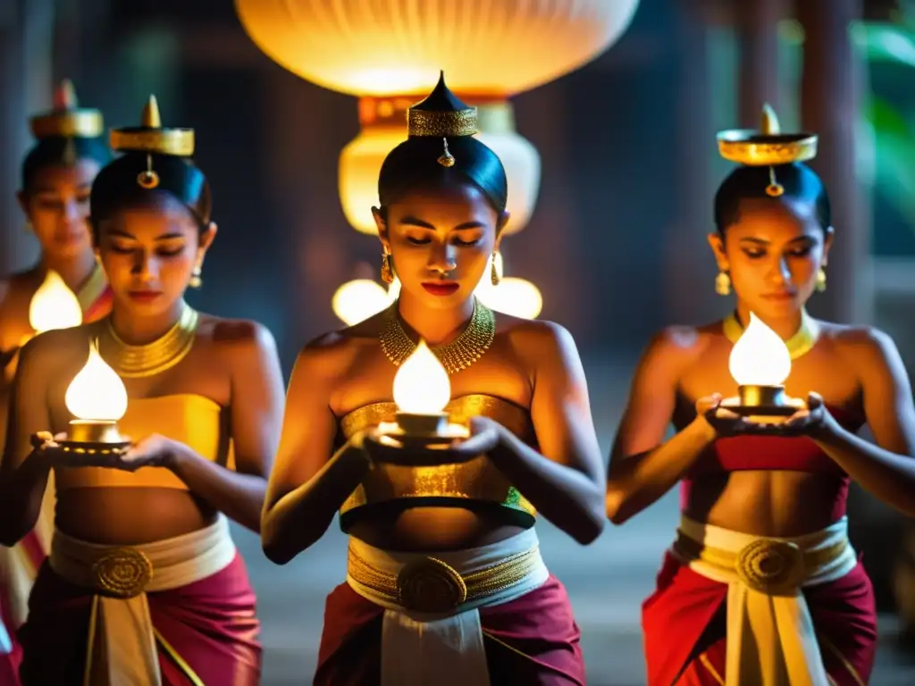 Grupo de bailarines indonesios ejecutando la danza tradicional Saman en un templo con poca luz, transmitiendo su profunda conexión espiritual y cultural a través de sus expresiones y movimientos