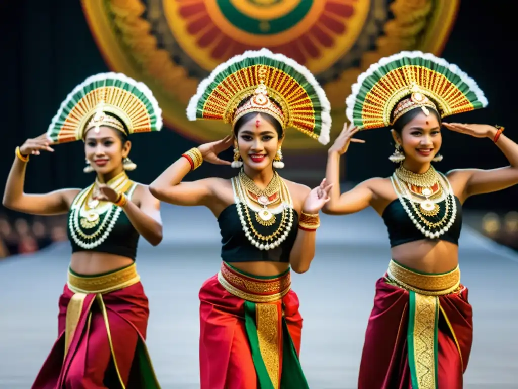 Grupo de bailarines indonesios realizando la Danza Saman, con movimientos de manos y expresiones detalladas que capturan su significado espiritual