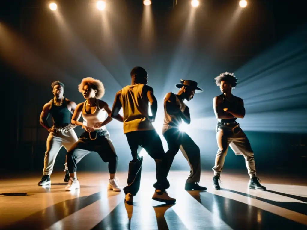 Grupo de bailarines de krump se expresan con intensidad en círculo iluminado, reflejando clases de krumping como expresión en la cultura urbana