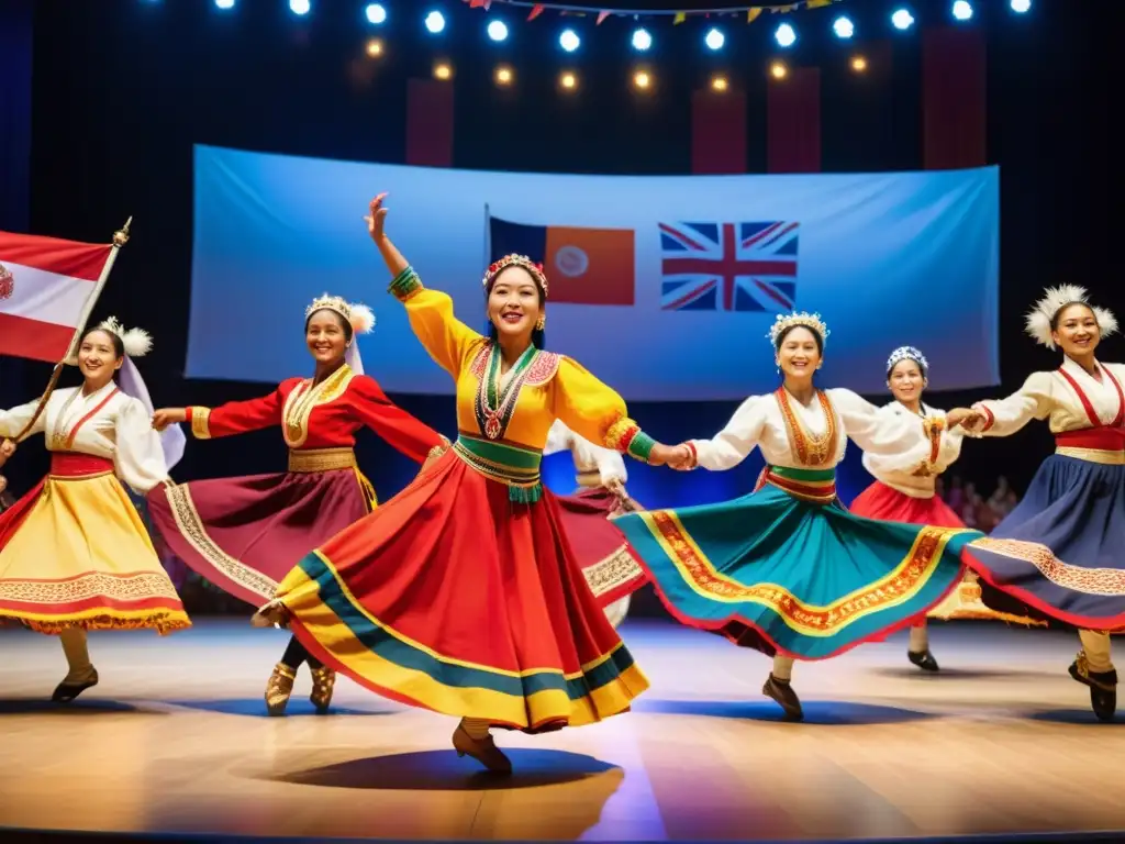 Grupo de bailarines de intercambio internacional enseñanza danza tradicional, vistiendo trajes vibrantes, ejecutan movimientos gráciles y precisos