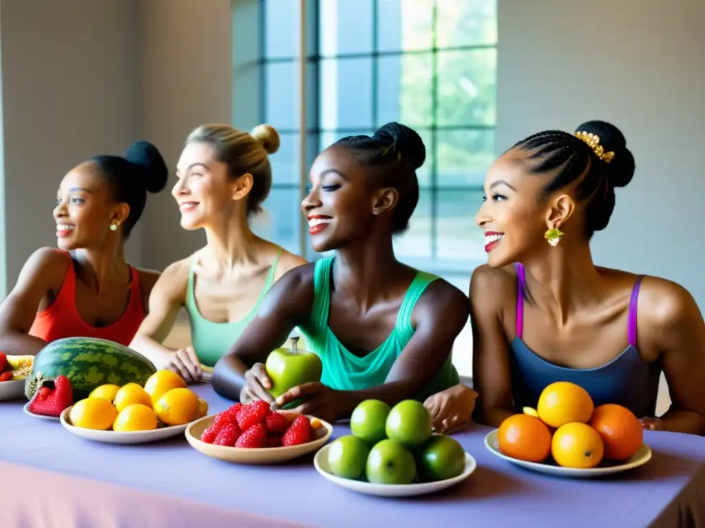 Grupo de bailarines internacionales disfrutando de una nutritiva comida juntos, reflejando su pasión por la danza