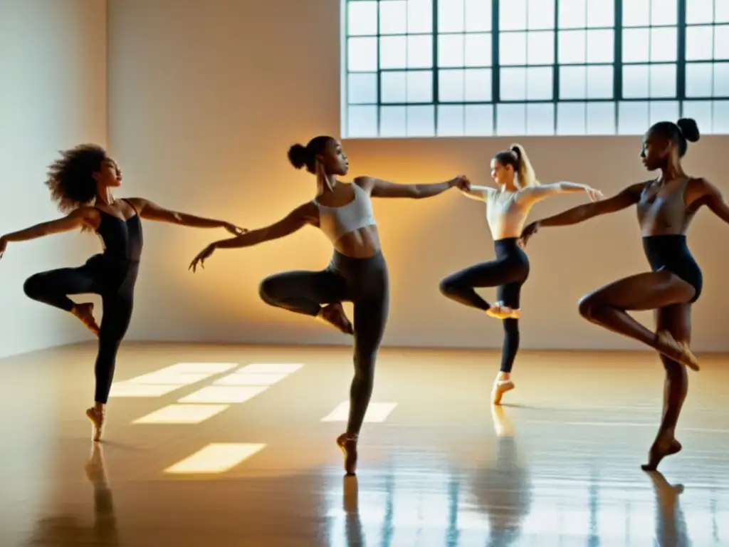 Un grupo de bailarines internacionales en pleno movimiento en un estudio, reflejando la fluidez y gracia de su coreografía