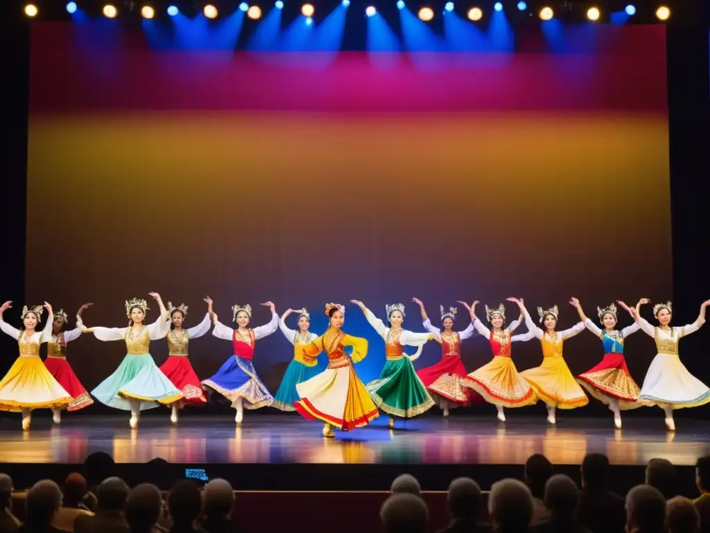 Grupo de bailarines internacionales con trajes tradicionales en un festival de danza, cautivando a una audiencia diversa