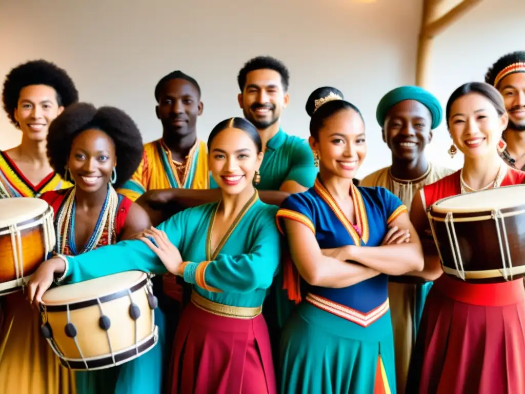 Grupo de bailarines internacionales en vibrante colaboración documental de danza, unidos en diversidad cultural y musical