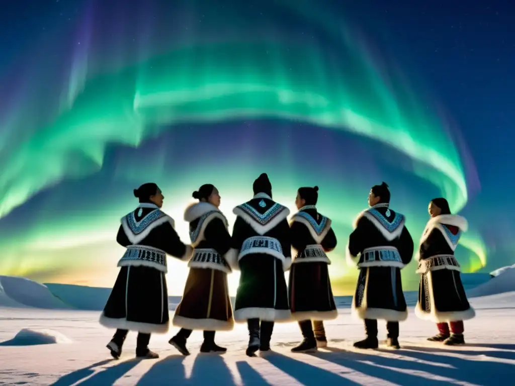 Grupo de bailarines Inuit en movimiento bajo la aurora boreal, significado cultural danza Inuit