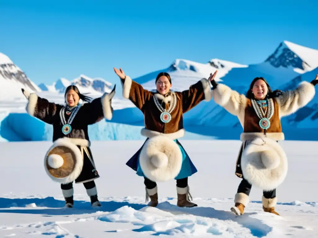 Grupo de bailarines inuit con trajes de piel y plumas, moviéndose al ritmo de tambores bajo el cielo azul y montañas nevadas