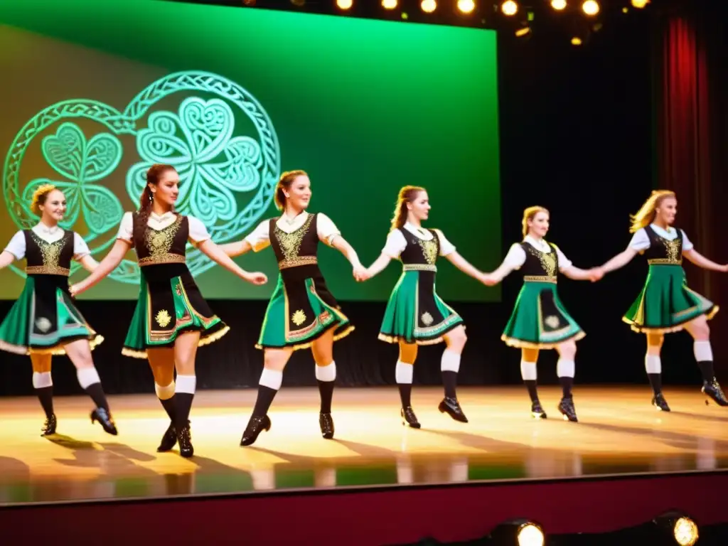 Grupo de bailarines de stepdance irlandés ejecutando pasos precisos con trajes bordados mientras expresan concentración y dedicación a la danza