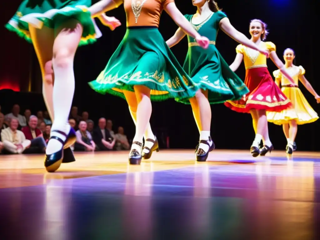 Grupo de bailarines de stepdance irlandés ejecutando pasos precisos y enérgicos en un escenario festivo, con una audiencia reflejando la importancia y concentración del baile tradicional irlandés