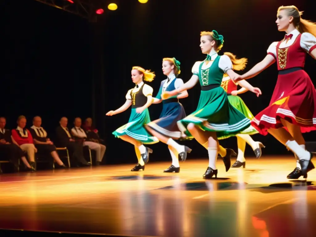 Grupo de bailarines de stepdance irlandés en trajes tradicionales, concentrados en su actuación, con movimientos precisos y colores vibrantes que resaltan su intensa concentración