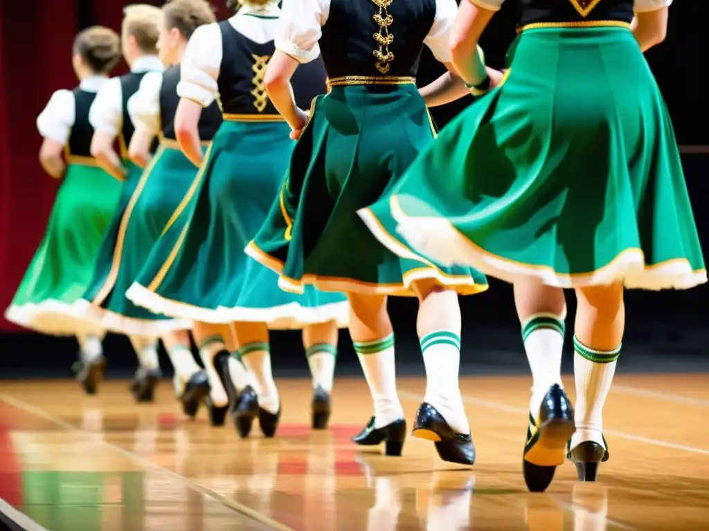 Grupo de bailarines de stepdance irlandés en trajes tradicionales, demostrando concentración y habilidad en un escenario colorido