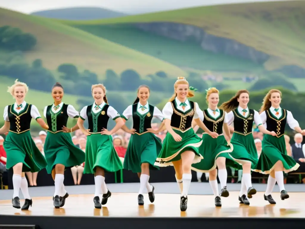 Un grupo de bailarines de stepdance irlandés en trajes tradicionales realizando una coreografía precisa y emocionante en un escenario, mientras el público los observa con asombro