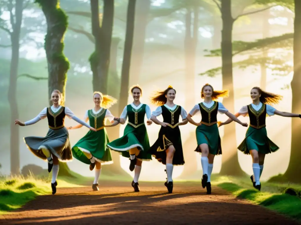 Un grupo de bailarines irlandeses ejecuta un animado paso en trajes tradicionales, rodeados de un bosque místico con símbolos celtas