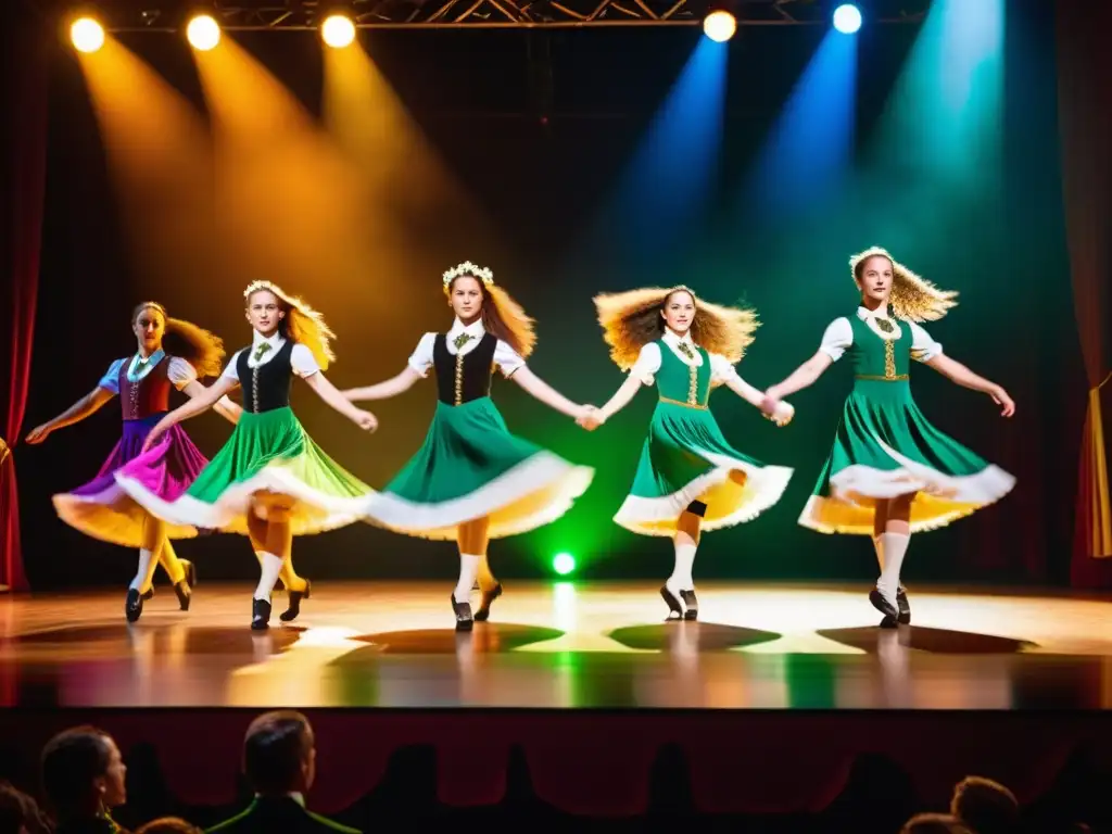 Un grupo de bailarines irlandeses realiza una danza tradicional con movimientos precisos y trajes coloridos, en un escenario iluminado dramáticamente