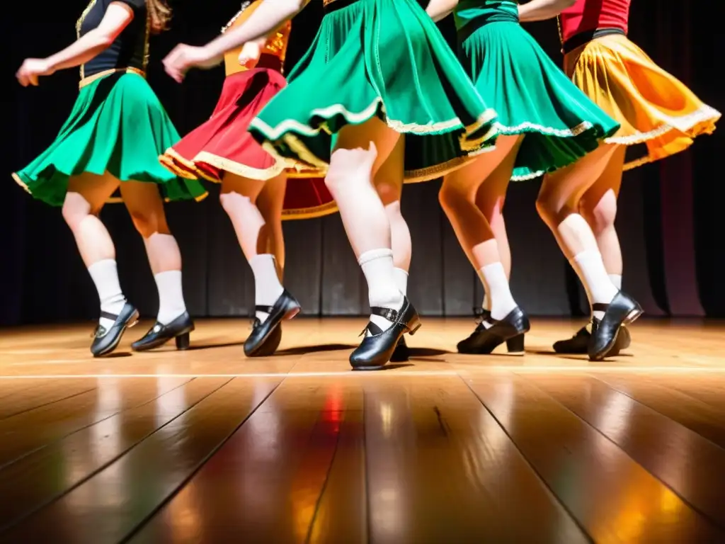 Grupo de bailarines irlandeses ejecutando una enérgica danza