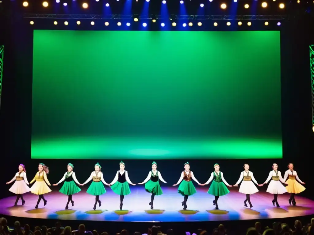 Grupo de bailarines irlandeses en escenario mundial, reflejando la evolución del baile irlandés mundo con sus trajes vibrantes y danza precisa