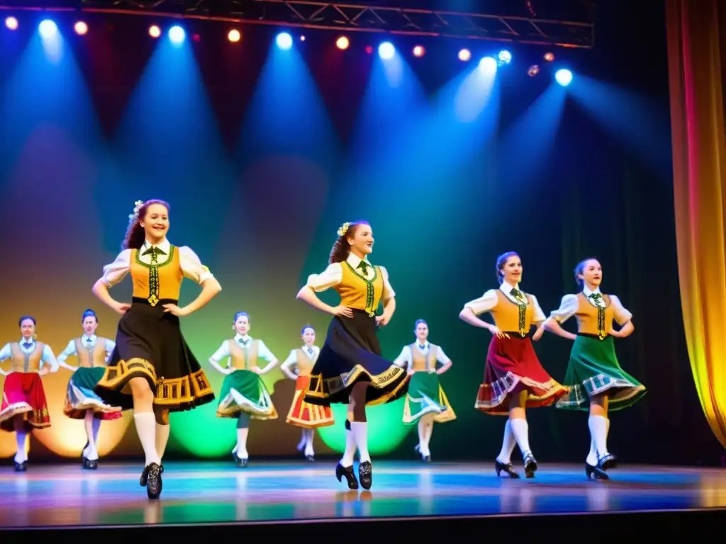 Grupo de bailarines irlandeses realizando el hornpipe en un escenario, capturando la energía y la historia del Hornpipe