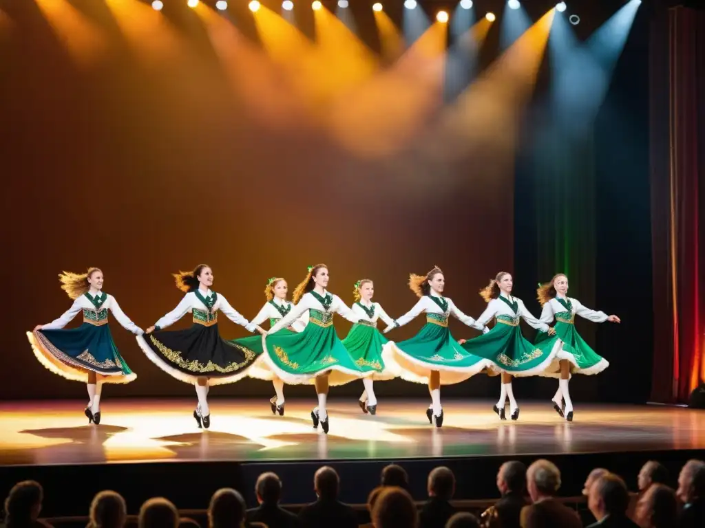 Un grupo de bailarines irlandeses ejecutando movimientos precisos y gráciles en un escenario iluminado por una cálida luz dorada, mientras el público muestra su admiración por la evolución del baile irlandés mundo