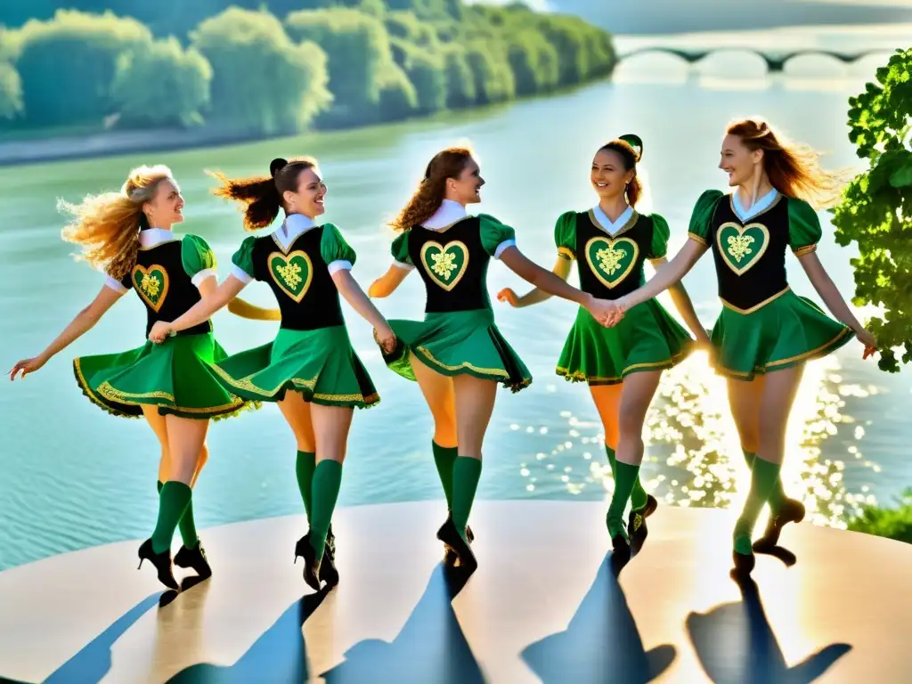 Grupo de bailarines irlandeses con trajes verdes vibrantes, influencia diáspora irlandesa en baile tradicional