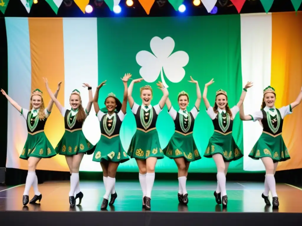 Grupo de bailarines irlandeses en trajes tradicionales realizando una danza sincronizada y enérgica en el escenario, rodeados de banderas y símbolos celtas