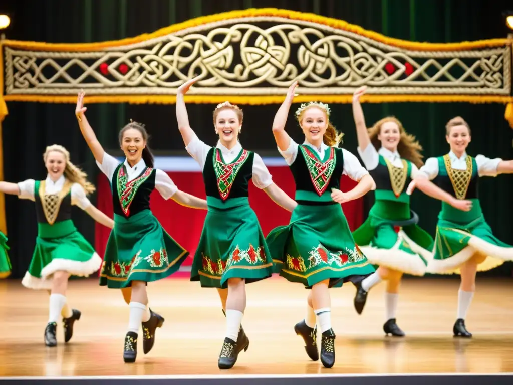 Grupo de bailarines irlandeses con trajes típicos danza irlandesa, saltando con gracia y alegría en un escenario festivo