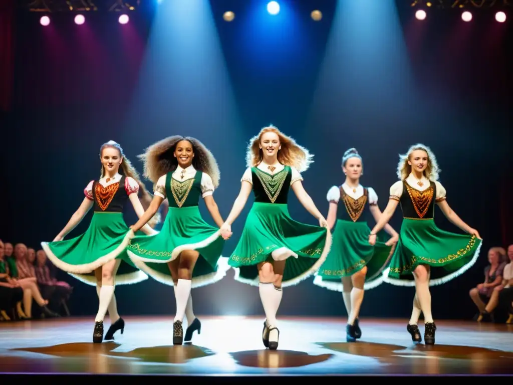 Grupo de bailarines irlandeses en vibrantes trajes, mostrando la evolución del baile irlandés mundo con pasión y precisión