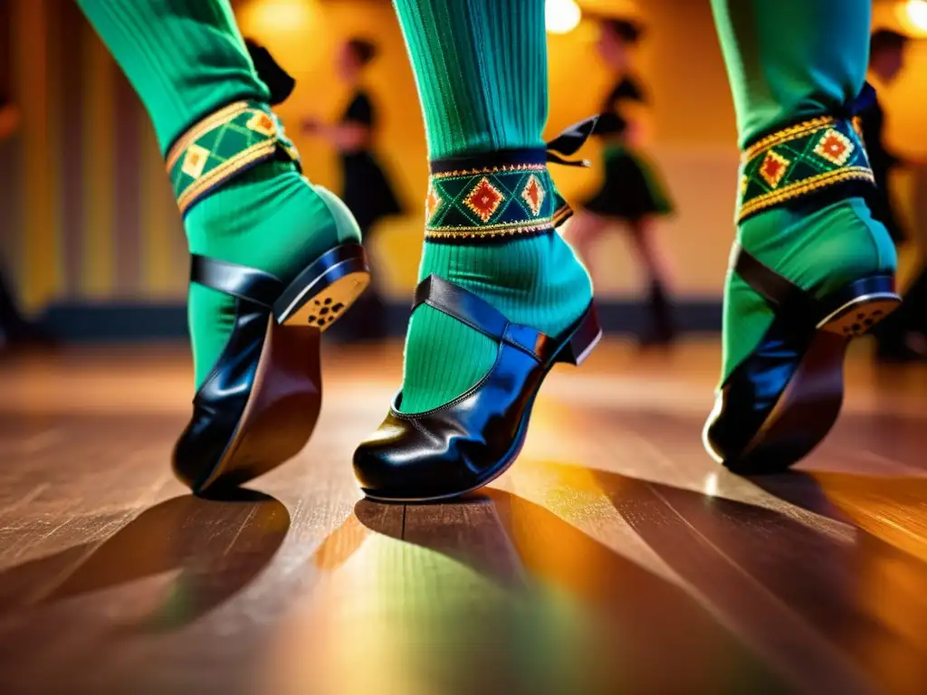 Grupo de bailarines irlandeses en vibrantes trajes, ejecutando una enérgica danza