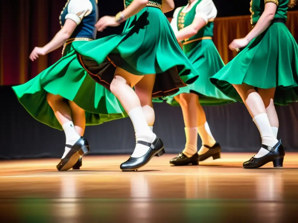 Grupo de bailarines irlandeses ejecutando el Hornpipe con precisión y vitalidad en el escenario, destacando sus trajes vibrantes