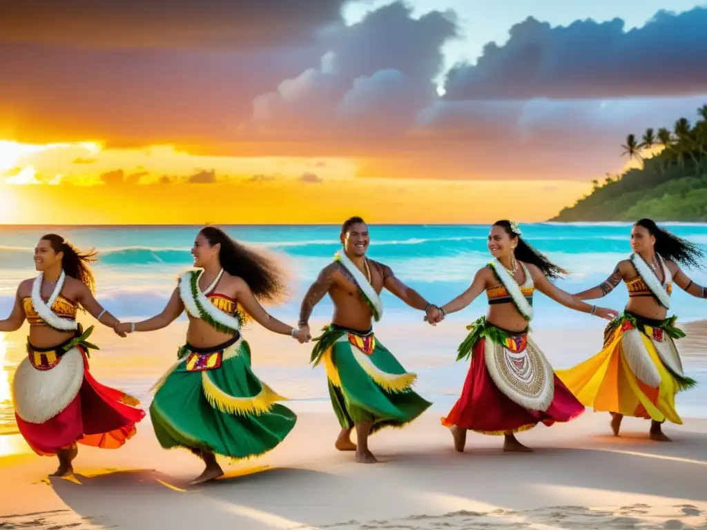 Grupo de bailarines de las Islas Cook en trajes tradicionales, realizando danza cultural al atardecer en la playa